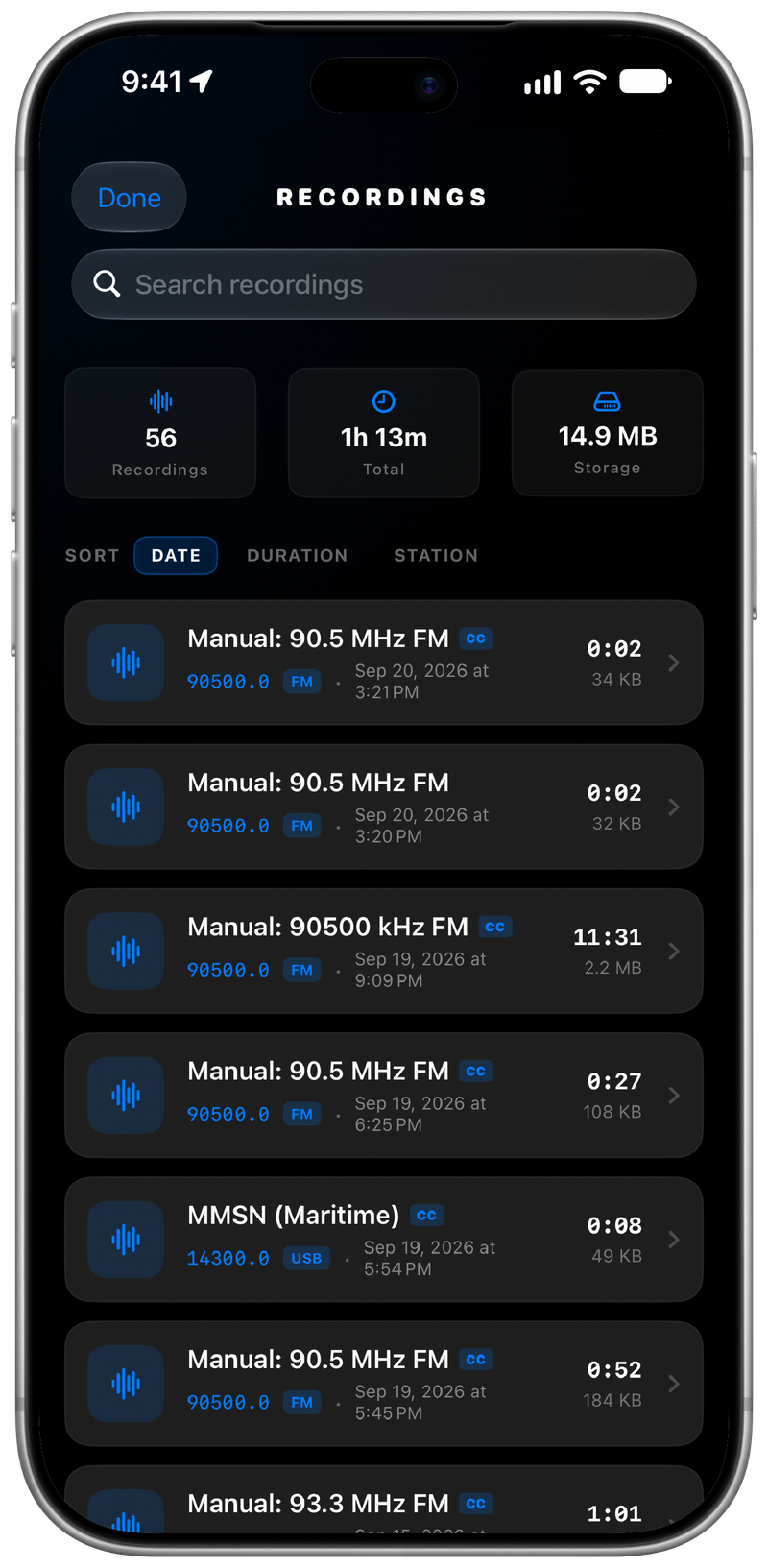 Echo Pro recordings library showing saved radio recordings