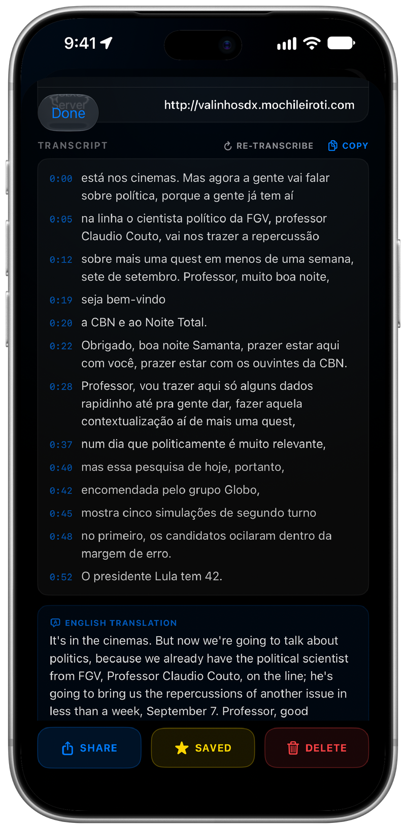 Echo Pro timestamped Portuguese transcript with English translation